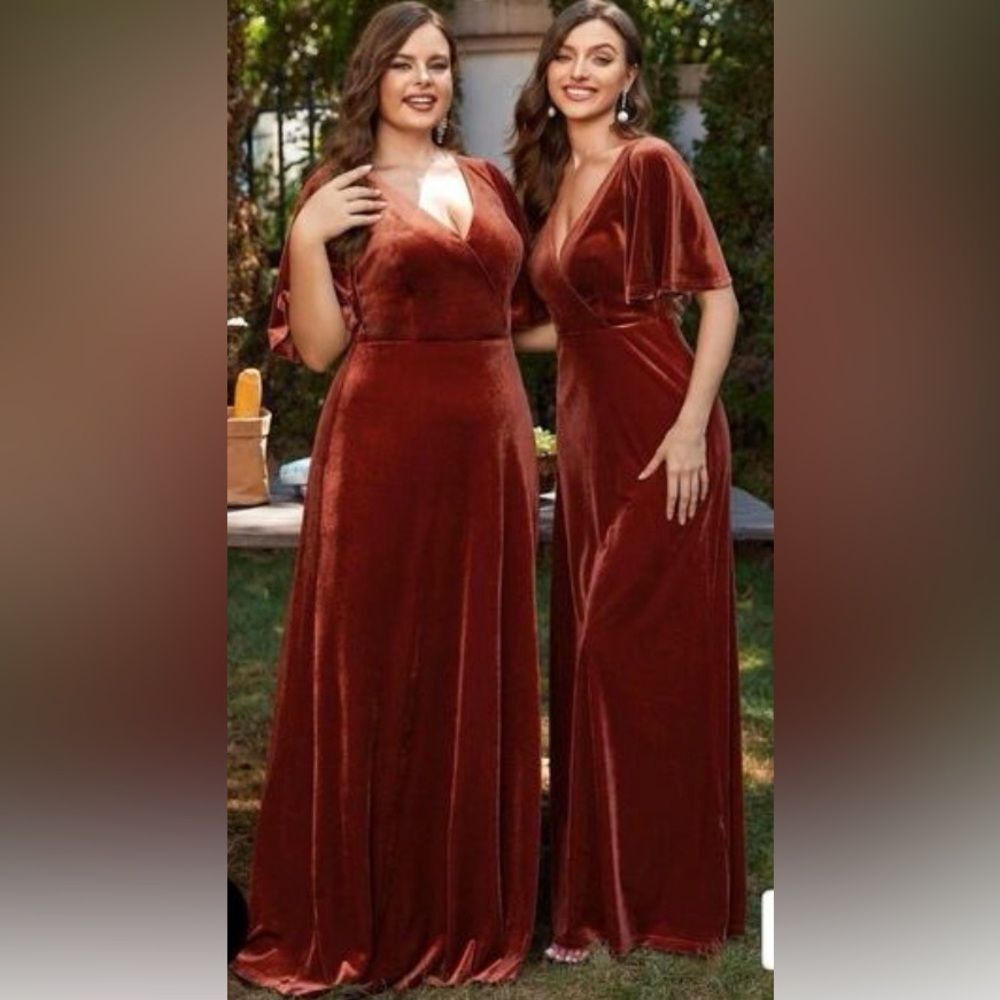 NWT Ever Pretty Sz S V Neck Velvet Ruffle Sleeve Evening Dress Brick Red maxi